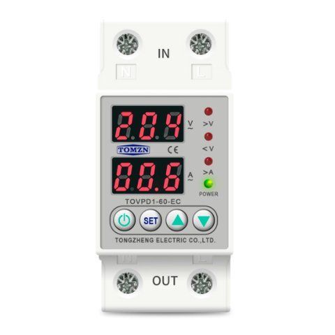 Реле контроля напряжения и тока с жк, 220 в, 63а, 2DIN, TOMZN TOVPD1-60-EC 7000006521 фото