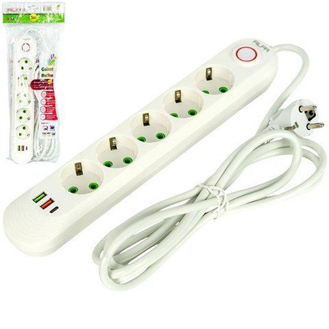 Фільтр мережевий подовжувач 3 м 5 розеток 3 USB QC PD 10а 2.5квт ALFA 7000007682 фото