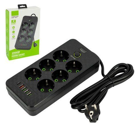 Фильтр сетевой удлинитель 2 м 6 розеток та 5 USB QC PD 10а 2.5квт EU-2506PD 7000007681 фото